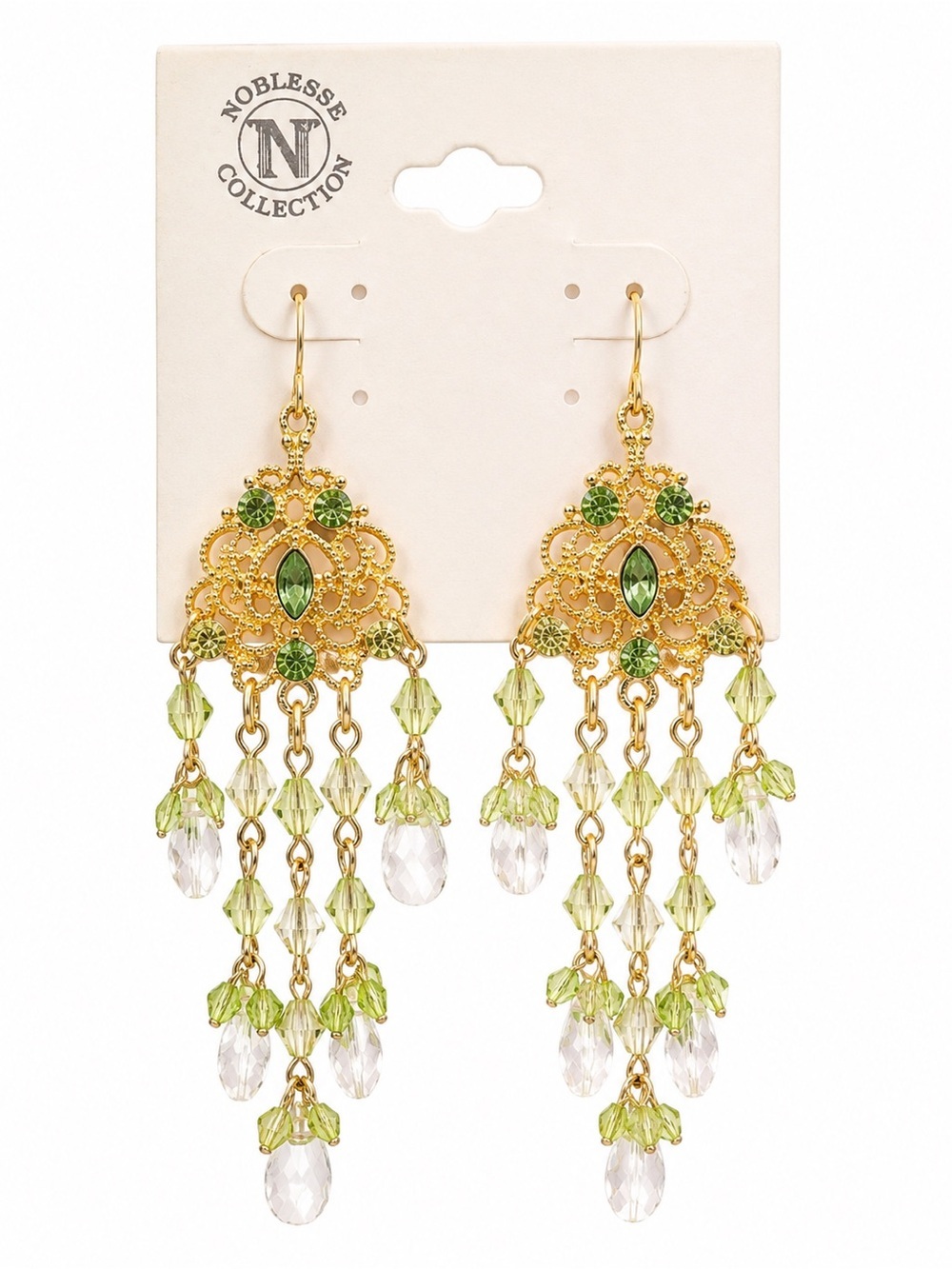 Noblesse Collection Green Crystal Chandelier Earrings Gold Tone NWT Boho Glam